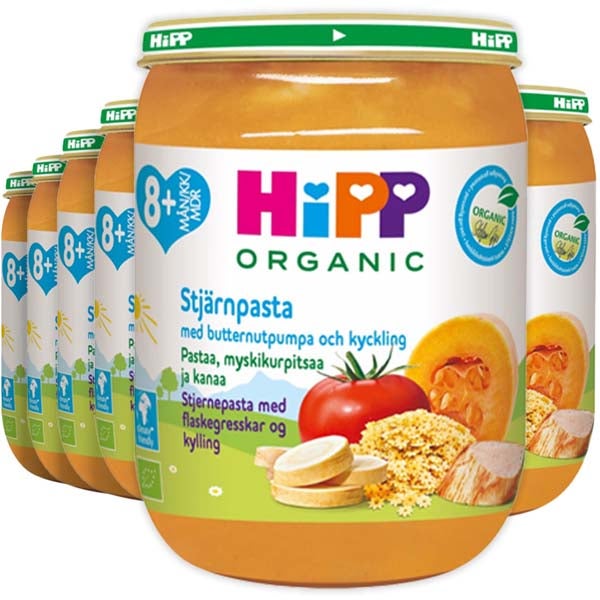 6kpl HiPP Pastaa, myskikurpitsaa ja kanaa lastenateria 8kk luomu 190g